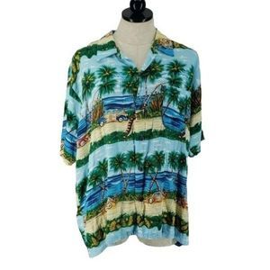 Pineapple Connection Men's Vintage Hawaiian Rayon Blue  Button Down Shirt Medium